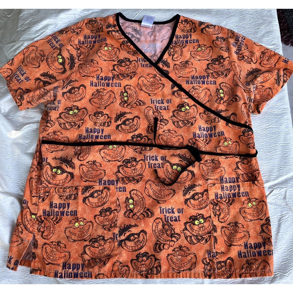 Disney Cheshire Cat Halloween Scrub Top Orange Mock Wrap V-Neck Large CH38A984